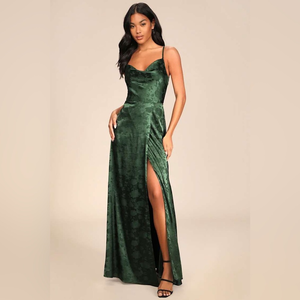 Lulu's Simply Dreamy Emerald Green Satin Floral Jacquard Maxi Dress
